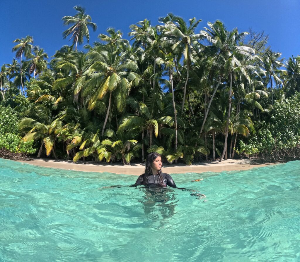 View from boat of Coiba coastline and open Pacific