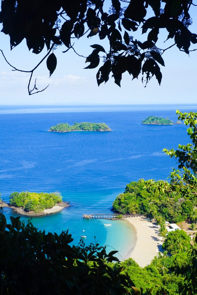 Palm-fringed beach and turquoise shoreline near Coiba