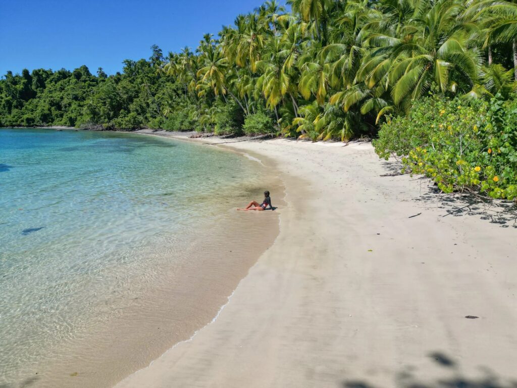 Tropical bay with anchored boats near Coiba Island
