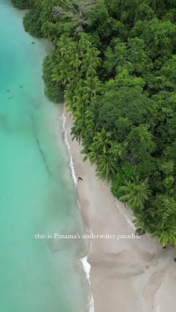 Tropical coastline view near Coiba with forested hills