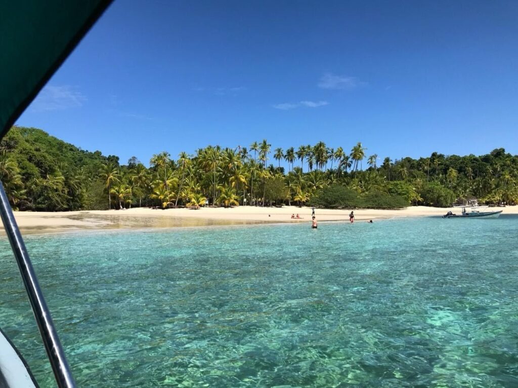 Eco-travel scene with forest and beach near Coiba